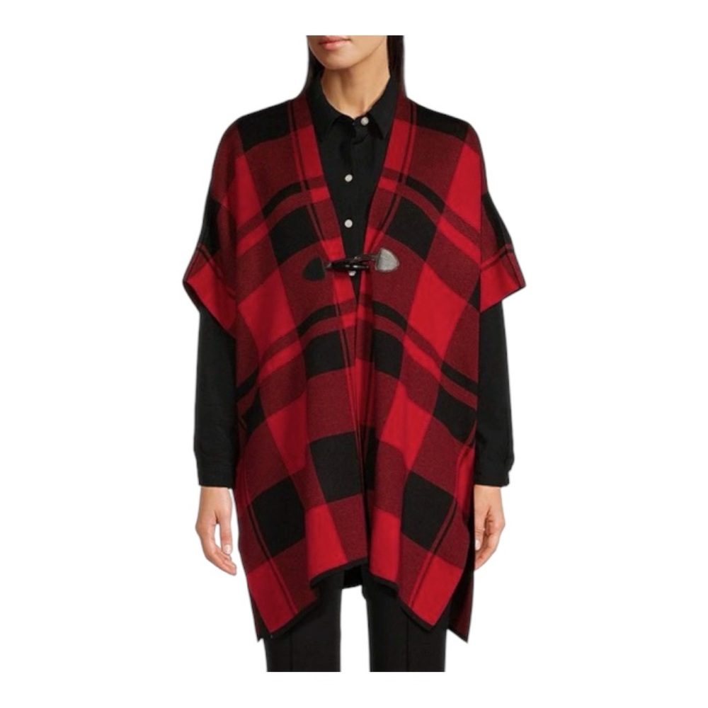 Tommy Hilfiger Open Front Cape Sweater Plaid Red Black Size M Poncho